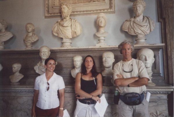 Participants in 2003 American Academy in Rome Summer Session Mary McHugh, Sheila, and John pose in the imperial portrait gallery at the Capitoline Museum